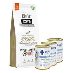 BRIT CARE Dog Hypoallergenic Dog Show Champion Lašiša ir silkė 12kg + ENZO VET Hipoalerginė dieta su kalakutiena šunims 3x400g