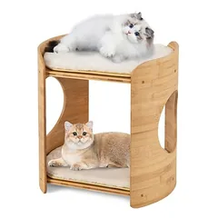 GIANTEX Bambus Katzenbaum Zweistöckig Mit Höhle Waschbaren Kissen