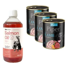 DOLINA NOTECI Piper šunims ėriena su morkomis 3x800g + LAB V Lašišų aliejus šunims ir katėms 500ml