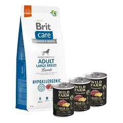 BRIT CARE Dog Hypoallergenic Adult Large Breed Lamb 12kg + Wild Farm Monoprotein Wild Boar 3x400g hipoalerginis šunų ėdalas