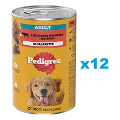 PEDIGREE Adult konservai 12x1200 g – visavertis drėgnas ėdalas suaugusiems šunims su jautiena drebučiuose.