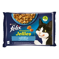 FELIX Sensations Jellies Žuvies skonio drebučiuose  (lašiša ir krevetės, vandenyno žuvis su pomidorais)  85gdrėgnas kačių maistas