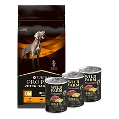 PURINA Veterinary PVD OM Obesity Management 12kg + Wild Farm Monoprotein Wild Boar 3x400g hipoalerginis šunų ėdalas