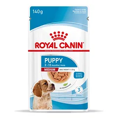 ROYAL CANIN Medium Puppy 10x140g drėgno ėdalo su padažu vidutinių veislių šuniukams iki 12 mėn