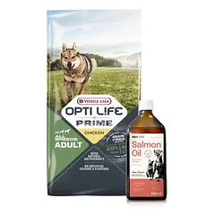 VERSELE-LAGA Opti Life Prime Adult Chicken 12,5kg - pašaras be grūdų suaugusiems šunims su vištiena + Lab-V 100% lašišų aliejus įvairaus amžiaus šunims ir katėms 500ml šalto spaudimo