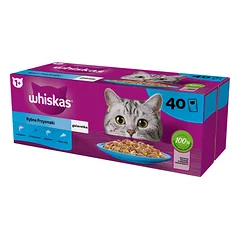 WHISKAS Adult paketėliai 40 x 85 g Fishy Treats - drėgnas maistas suaugusioms katėms drebučiuose (su lašiša, tunu, menke, balta žuvimi)