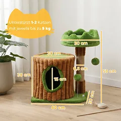 Draskyklė 53 cm medžio formos su nameliu, guoliu ir 2 kamuoliukais, 1–2 katėms iki 5 kg, ruda su žalia — 3 nuotrauka