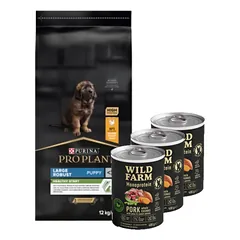 Purina Pro Plan Large Puppy Robust Optistart, vištiena ir ryžiai 12kg + Wild Farm Monoprotein Pork 3x400g hipoalerginis maistas šunims