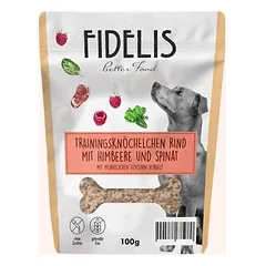FIDELIS treniruočių kauliukai su jautiena, avietėmis ir špinatais, skanėstai šunims (100 g)