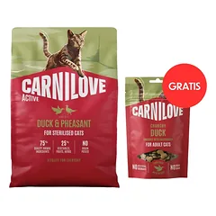 CARNILOVE Active Cat Duck and Pheasant Sterilised 2 kg sterilizuotoms katėms + CARNILOVE Crunchy Snack Cat Duck 50 g NEMOKAMAI