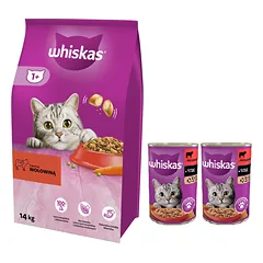 WHISKAS Adult 14kg - sausas kačių ėdalas su jautiena ir daržovėmis + WHISKAS Adult konservų dėžutė 2x400g