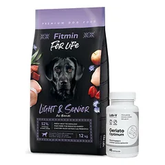 FITMIN For Life Light & Senior 12kg + LAB-V Geriato Optimum - senjorų sveikata šunims ir katėms 45 kapsulės