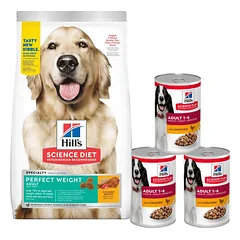 HILL'S Science Plan Adult 1+ Perfect Weight Large Breed sausas maistas su vištiena 12 kg + 3 skardinės NEMOKAMAI