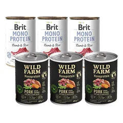 BRIT MONO BALTYMŲ JĖGŪNAS IR RUDONIEJI RYŽIAI 400g + Wild Farm Monoprotein Pork 3x400g hipoalerginis maistas šunims
