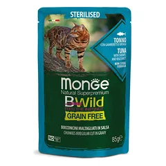 Monge BWild kons. pašaras sterilizuotoms katėms su tunu, krevetėmis ir daržovėmis padaže 85g