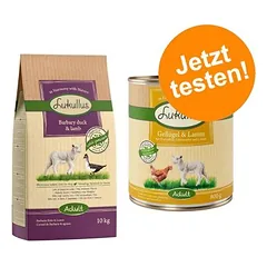 Lukullus šalto spaudimo kombinuotas rinkinys: 10 kg sauso maisto + 24 x 800 g drėgno maisto šunims