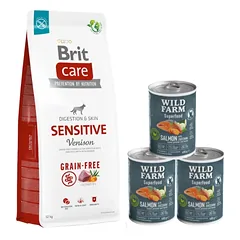 BRIT CARE Grain-free Sensitive Venison 12kg + Wild Farm Superfood Salmon lašiša 3x400 g pašaro šunims be grūdų