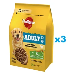 PEDIGREE Adult 3x2,6 kg su paukštiena ir daržovėmis sausas visavertis maistas dideliems ir vidutinio dydžio šunims