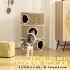 Katės draskyklė su urvais, 79 cm, Ø45 cm, chaki + kavos — 4 nuotrauka