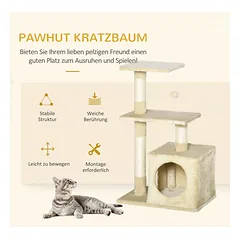 Kačių draskyklė su nameliu, platformomis, sizalio stulpais ir žaisliuku, 50 x 30 x 81,5 cm, katėms iki 4,5 kg, smėlio spalvos — 4 nuotrauka