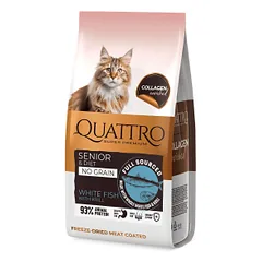 Quattro visavertis sausas dietinis, senstančių kačių pašaras su balta žuvimi ir kriliu, 7 kg