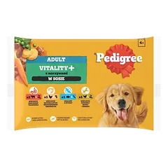 PEDIGREE Adult Vitality+ su daržovėmis 4x85 g drėgno visaverčio ėdalo suaugusiems šunims su jautiena ir kepenimis, morkomis ir žirneliais, vištiena ir bulvėmis, žuvimi ir morkomis, paukštiena, morkomis ir žirneliais padaže