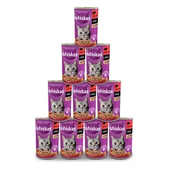 WHISKAS Adult konservų dėžutė 12x400g - drėgnas kačių ėdalas su jautiena padaže