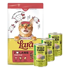 VERSELE-LAGA Lara Adult Lamb 7kg - Suaugusių kačių ėdalas su ėriena + WILD FARM Premium Grain Free Chicken and Sprats 3x400g - maistas katėms be grūdų