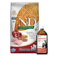 Farmina N&D Ancestral Grain canine CHICKEN & POMEGRANATE ADULT MEDIUM&MAXI 12kg + Lab-V 100% lašišų aliejus įvairaus amžiaus šunims ir katėms 500ml šalto spaudimo