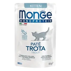 Monge Monoprotein Kitten begrūdis konservuotas pašaras jaunoms katėms su upėtakiu 85g