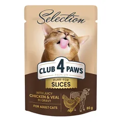 CLUB 4 PAWS Premium Plus Visavertis konservuotas ėdalas suaugusioms katėms su vištiena ir veršiena padaže, 80 g