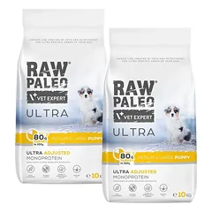 RAW PALEO Ultra Turkey Medium&Large Puppy 2 x 10 kg – sausas pašaras su kalakutiena vidutinių ir didelių veislių šuniukams.