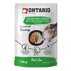 Konservuotas katėms maistas - Ontario žolelių vištiena su krevetėmis, ryžiais ir rozmarinais, 80 g