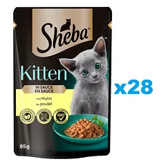 SHEBA Kitten 28x85 g drėgnas visavertis kačiukų maistas su vištienos gabaliukais padaže