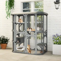 Lauko voljeras katėms su 4 platformomis ir nameliu, pilkas, 156 x 80 x 180 cm — 2 nuotrauka