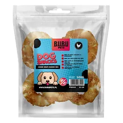 Bubu PETS rawhide ring with chicken 10cm – buivolo oda apvynioti vištienos mėsos žiedai, 500g
