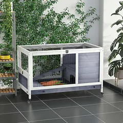 Narvas triušiams ir jūrų kiaulytėms ant ratukų, dviaukštis, medinis, su rampa, 90x53x59 cm, tamsiai pilkas su baltu — 2 nuotrauka
