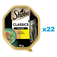 SHEBA Classics dėklas 22x85g drėgnas visavertis ėdalas suaugusioms katėms su antiena ir vištiena terine