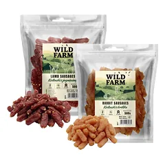 WILD FARM triušienos dešrelės 500g + ėrienos dešrelės 500g skanėstai šunims