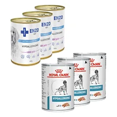 ROYAL CANIN Hypoallergenic DR21 3x400g skardinė + ENZO VET Hipoalerginė dieta su triušiena šunims 3x400g