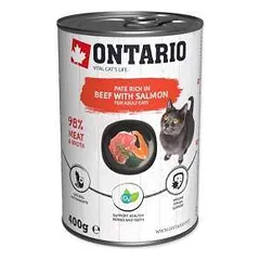 Konservuotas kačių maistas - Ontario Cat konservas su jautiena ir lašiša, pagardintas spirulina, 400 g