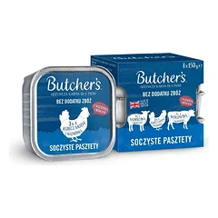 BUTCHER'S Original Juicy Paštetas Mišrių skonių su kepenimis arba inkstais 4x150 g paštetas su jautiena, su ėriena ir vištiena šunims