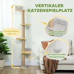 Sieninė kačių draskyklė, 5 lygių, su žaislu, sizalio stulpu ir pliušine danga, šviesiai pilka — 4 nuotrauka