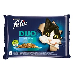 FELIX Duo Žuvies skonio drebučiuose (juodoji menkė ir lašiša, silkė ir upėtakis, lašiša ir sardinės, upėtakis ir skumbrė) 4x85 g drėgno kačių maistas