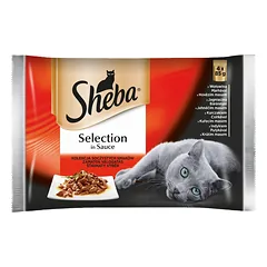 SHEBA paketėlis 4x85g "Selection in Sauce Juicy Flavours" - drėgnas kačių ėdalas padaže (su jautiena, su ėriena, su vištiena, su kalakutiena)