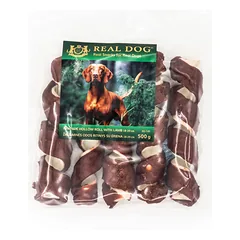Real Dog SNACKS Žaliaminės odos ritinys su ėriena 18-20cm 500g