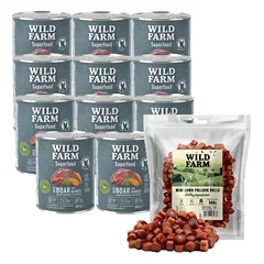 WILD FARM Superfood Wild Boar (elniena su batatais, uogomis ir žolelėmis) 12x800 g pašaro šunims be grūdų + nemokamas skanėstas