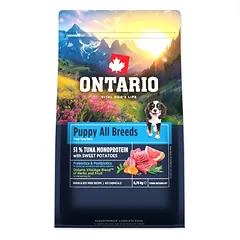 Ontario Puppy & Junior All Breeds Monoprotein Tuna & Sweet Potatoes bekarpių sausas maistas šuniukams ir jauniems šunims su tunu ir saldžiosiomis bulvėmis, 0,75 kg