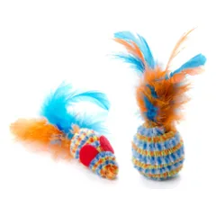 Žaislas katėms pliušinė pelytė ir kamuoliukas su plunksnomis, 10-12 cm (2 vnt.)