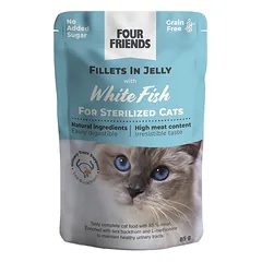 Four Friends Sterilized White Fish konservai katėms su baltos žuvies filė drebučiuose, 85 g